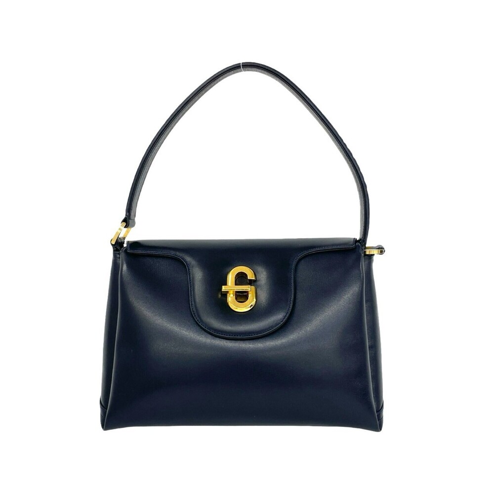 GUCCI Vintage Old Gucci Logo Hardware Leather Turnlock Handbag Navy Blue 34903